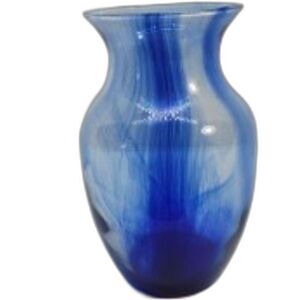 Blue Smoke and Clear Swirl Wide Mouth Bouquet Vase Art Glass ~Vintage~